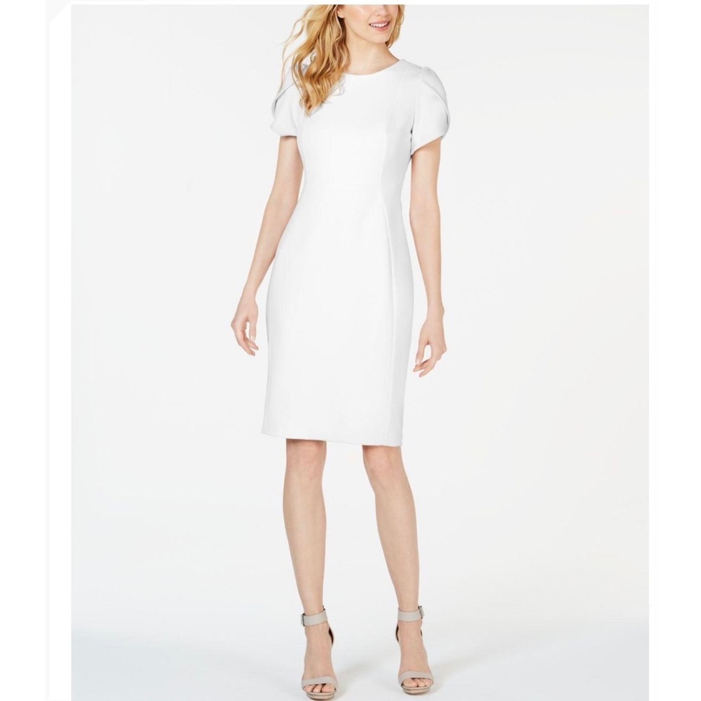 Calvin Klein Womens White Petal Sleeve Sheath Dress Gold Zip Size 4
